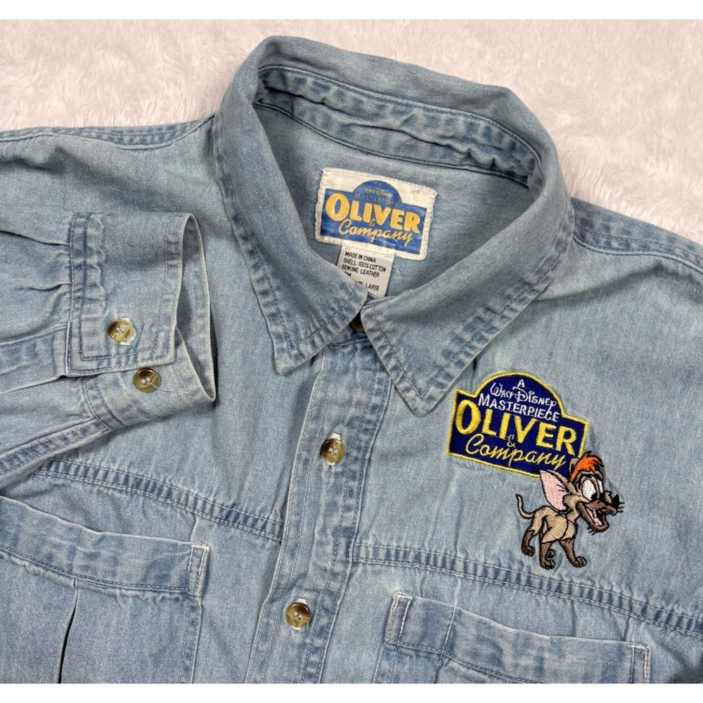 VTG Disney Oliver & Company Blue Denim Shirt Adult L Tito Embroidered VERY RARE